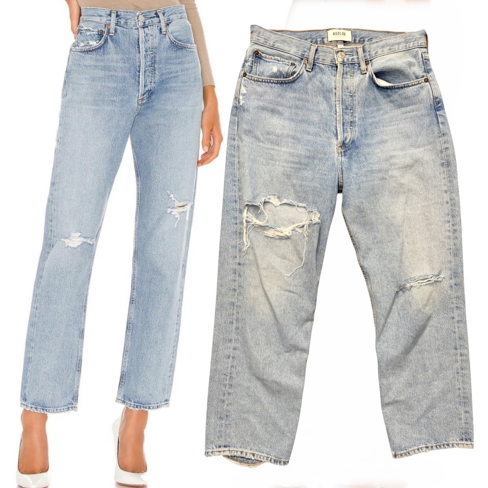 AGOLDE 90's Crop Loose Fit Distressed Jeans Light Wash Blue 27